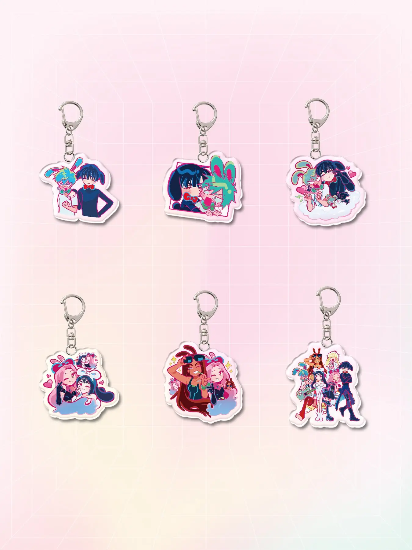 6pcs Acrylic Alien Stage Ivan&ttill Keychains and Pendants, Keychain Kawaii Cute Rabbit Ears Uniform Theme Charms,All-Season Bag & Wallet Accessories for Gift