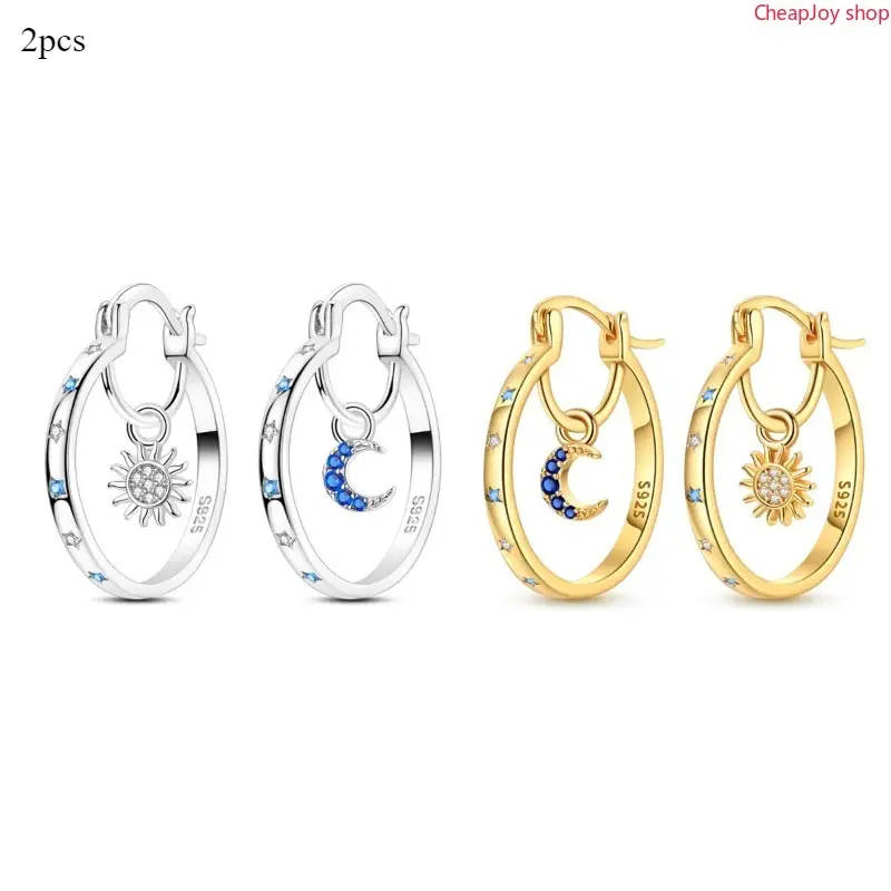2pcs Sun and Moon Dangle Earrings - Silver-Plated with White Gold Finish, Shining CZ Inlay, Women's Earrings, Unique Accessories, Ideal Gift for Birthday, Valentine's Day, Earring For Women