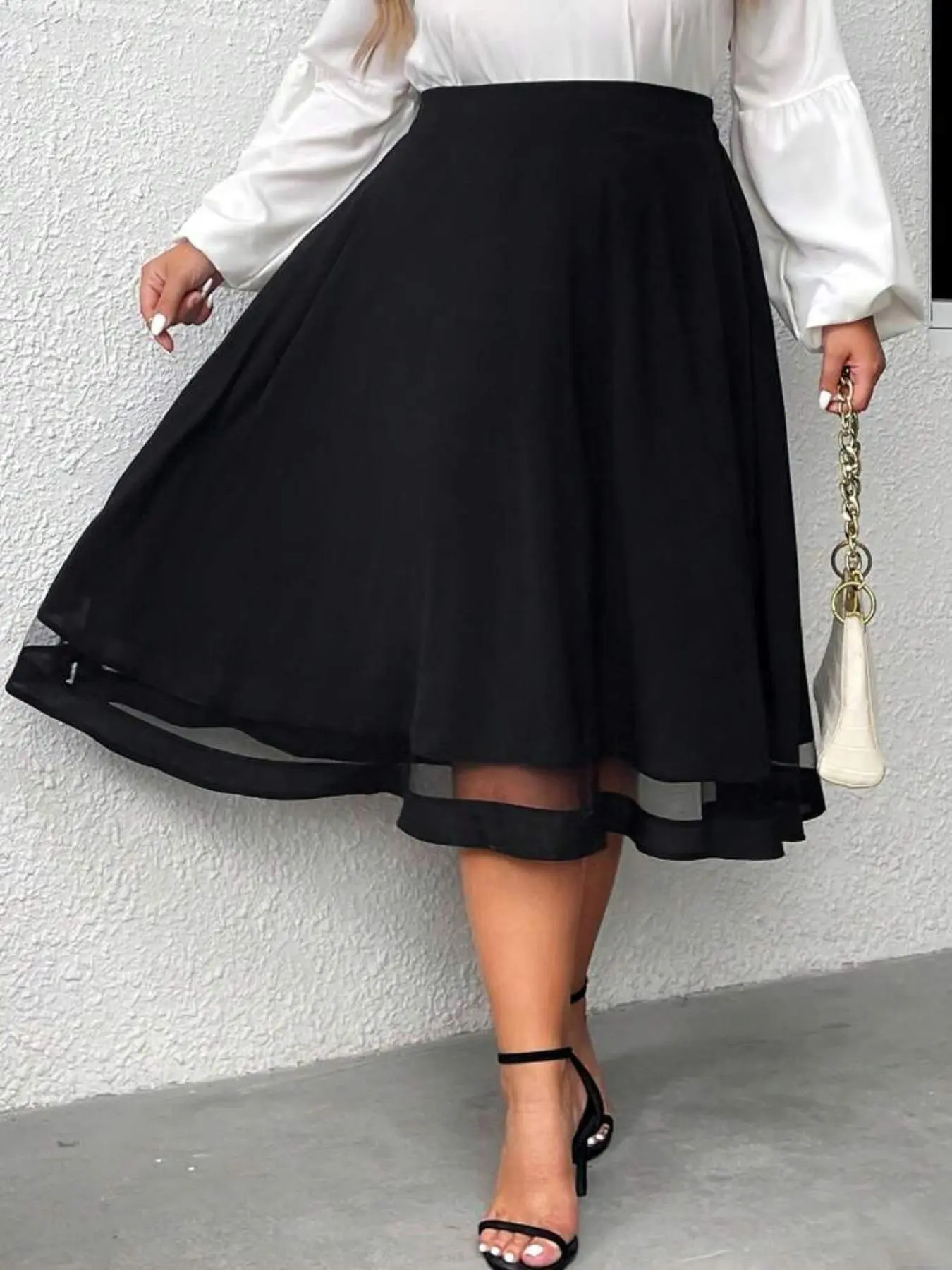 Plus Size Contrast Mesh Flared High Waisted Skirt, Casual Elastic Waist Midi Skirt for Summer, Women's Bottoms for Daily Wear