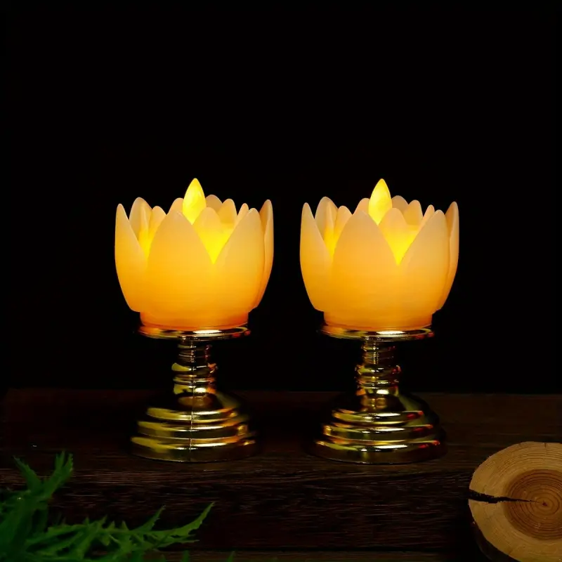 1pc/2pcs New Year festive candle lamp, lotus lamp, simulated LED electronic candle lamp with glowing and swaying candlestick, golden base lotus Buddha lamp, temple worship offering lamp, red household long-lasting lamp.