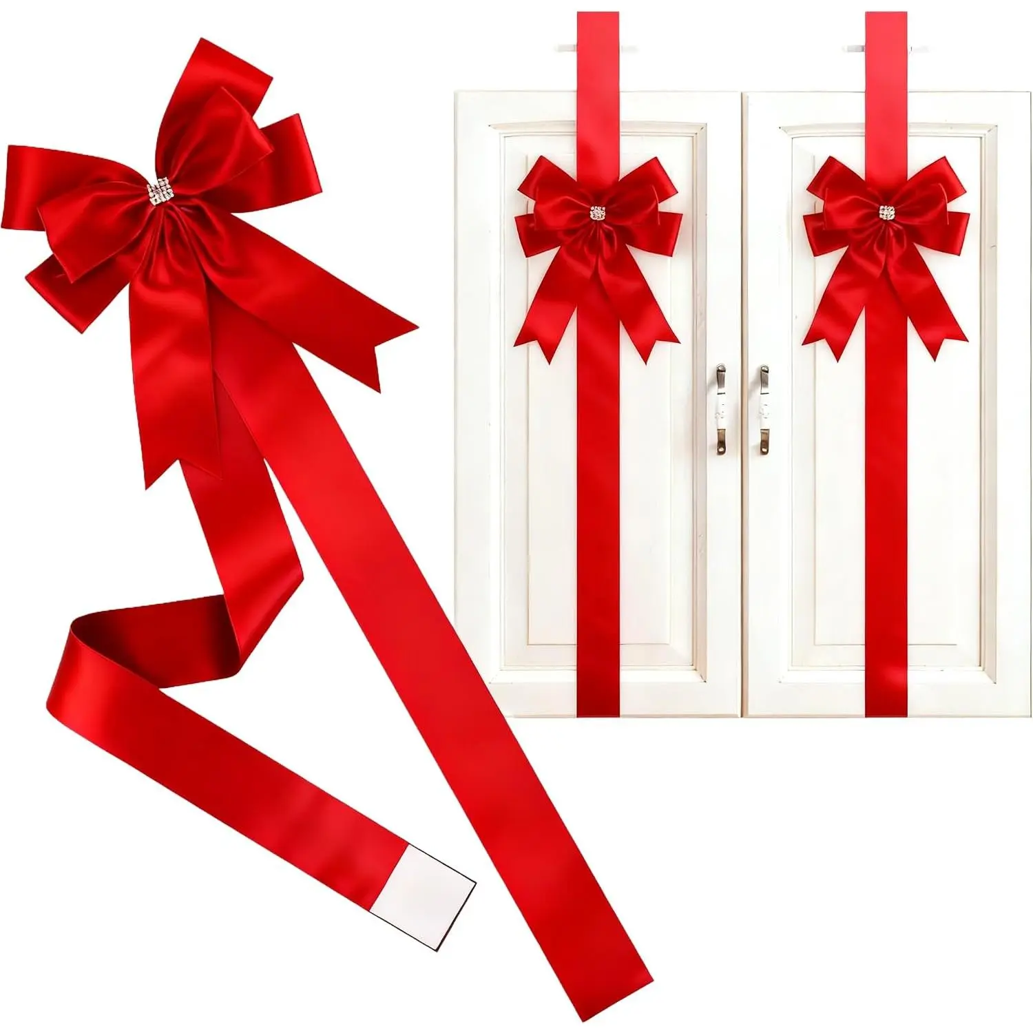 Christmas Cabinet Door Bows - 6 Pack Red Satin Bows (25x30cm) with 8.2FT Extra Long Ribbons for Kitchen Cabinets, Cupboards, Doors & Holiday Decorations