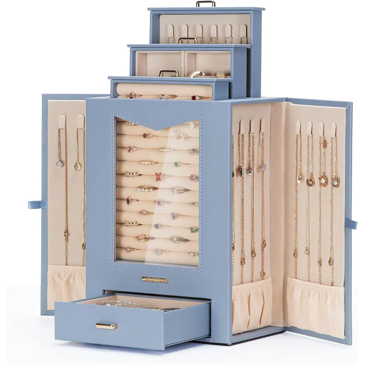 Organizer with Transparent Window Necklace Hooks  for Women  Box Display Case for Necklaces Rings Earrings Bracelets and Other Accessories (Grey Blue)