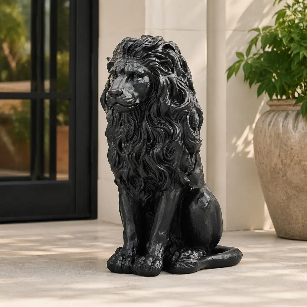 20.5" Poly Resin Lion Statue, Hand-Carved Outdoor Guardian Sculpture, Heavy-Duty Weather-Resistant Art Deco Decor for Garden Patio, Black or Brown