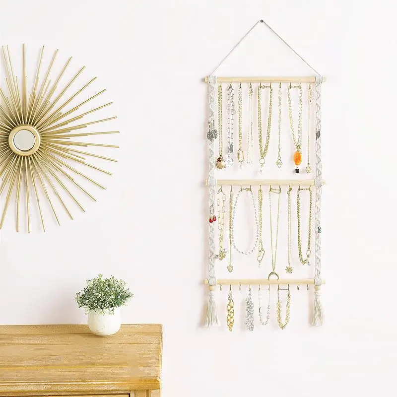 Hanging Necklace Organizer, Macrame Jewelry Wall Holder with 30 Metal Hooks, Space-Saving Wooden Jewelry Storage for Bracelets, Earrings, Hair Bands & Bows, Wall Mount for Bedroom Closet Door, Gift for Girls & Women
