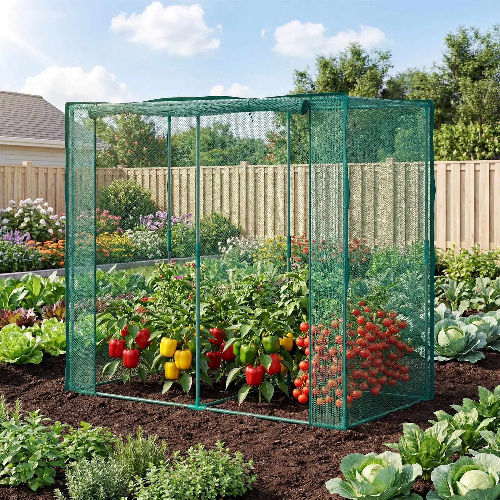 Walk-in Garden Crop Cage with 16mm Steel Frame - 4mm Pest Protection Netting with Flat Top & Zippered Door for Raised Beds & Tall Crops