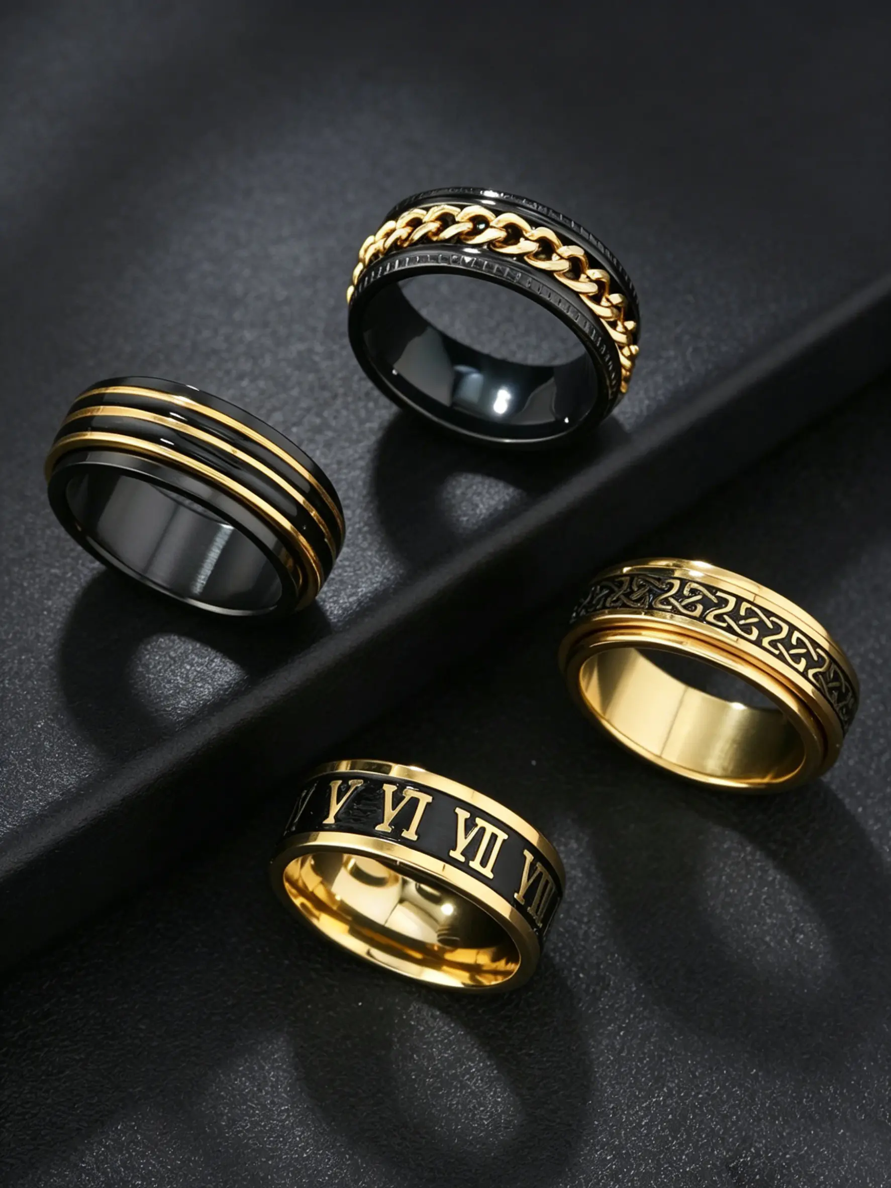 4Pcs Two Tone Black Gold Spinner Wide Band Ring Set Stainless Steel Rotatable Chain Celtic Knot Roman Numeral Triple Line Finger Rings Waterproof Hip Hop Unisex Statement Jewelry Gift for Men Women Metal Rings