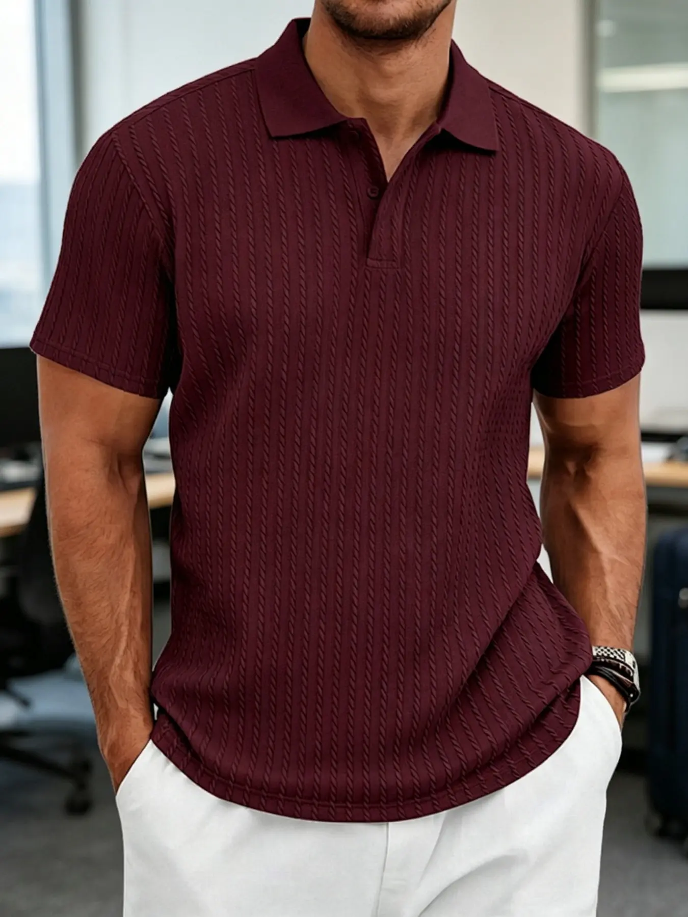 American Style Summer Men's Casual Relaxed Fit Knitted Texture Commute Office Short Sleeve Polo Shirt, Comfortable and Stylish Design, Menswear