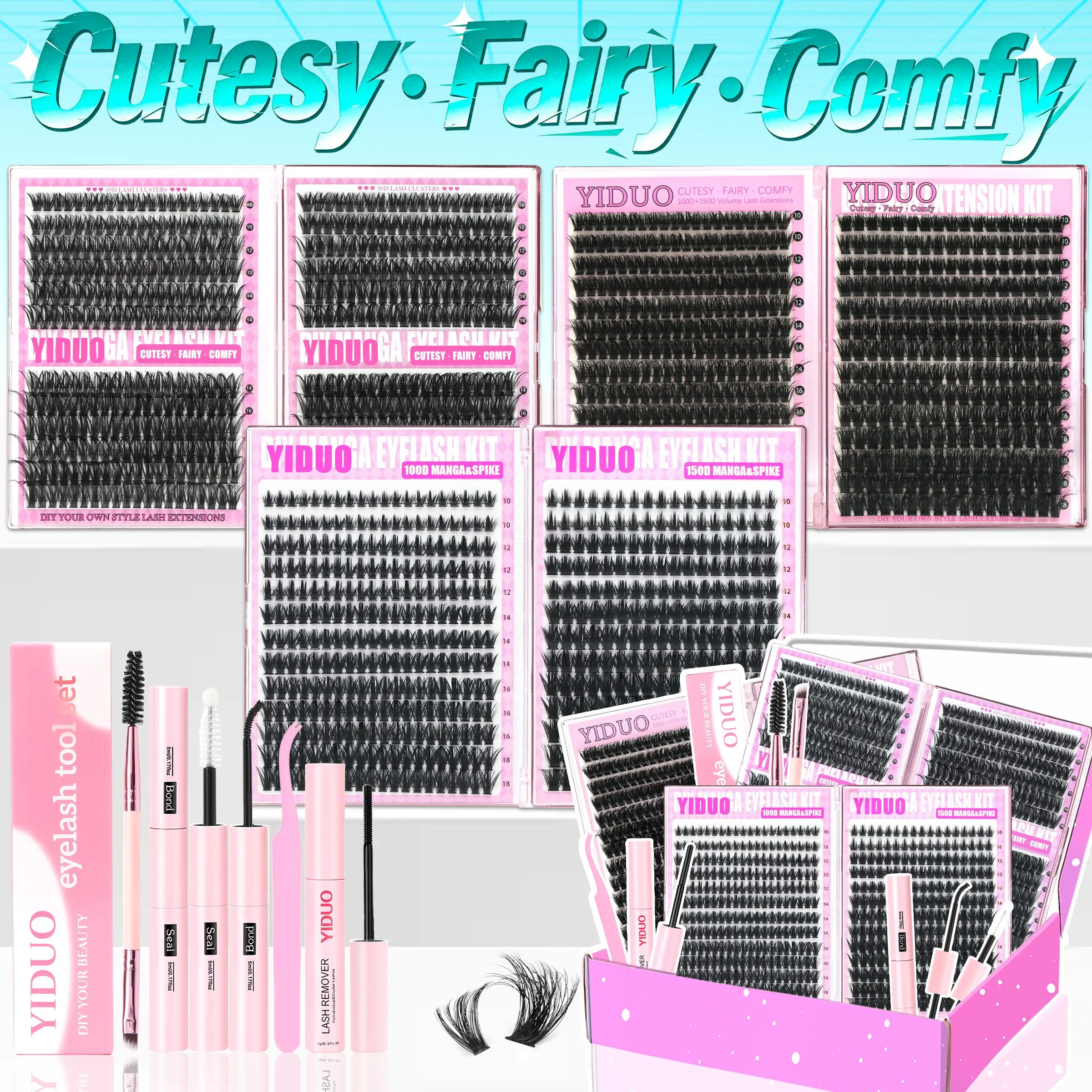 YIDUO Extra-Large Capacity Complete Eyelash Kit – 1479 PCS Lash Clusters with 60D+80D Volume and 100D+150D Manga & Spike Extensions, DIY Your Own Style, Includes Lash Tools, Bond, Seal, Remover, Tweezers & Brush