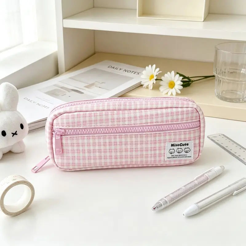 Five Color Plaid Checkered Pencil Case, Dual Zipper Layered Storage, Soft Filled Pen Bag, Campus Simple Stationery Bag, Student Portable Makeup Bag