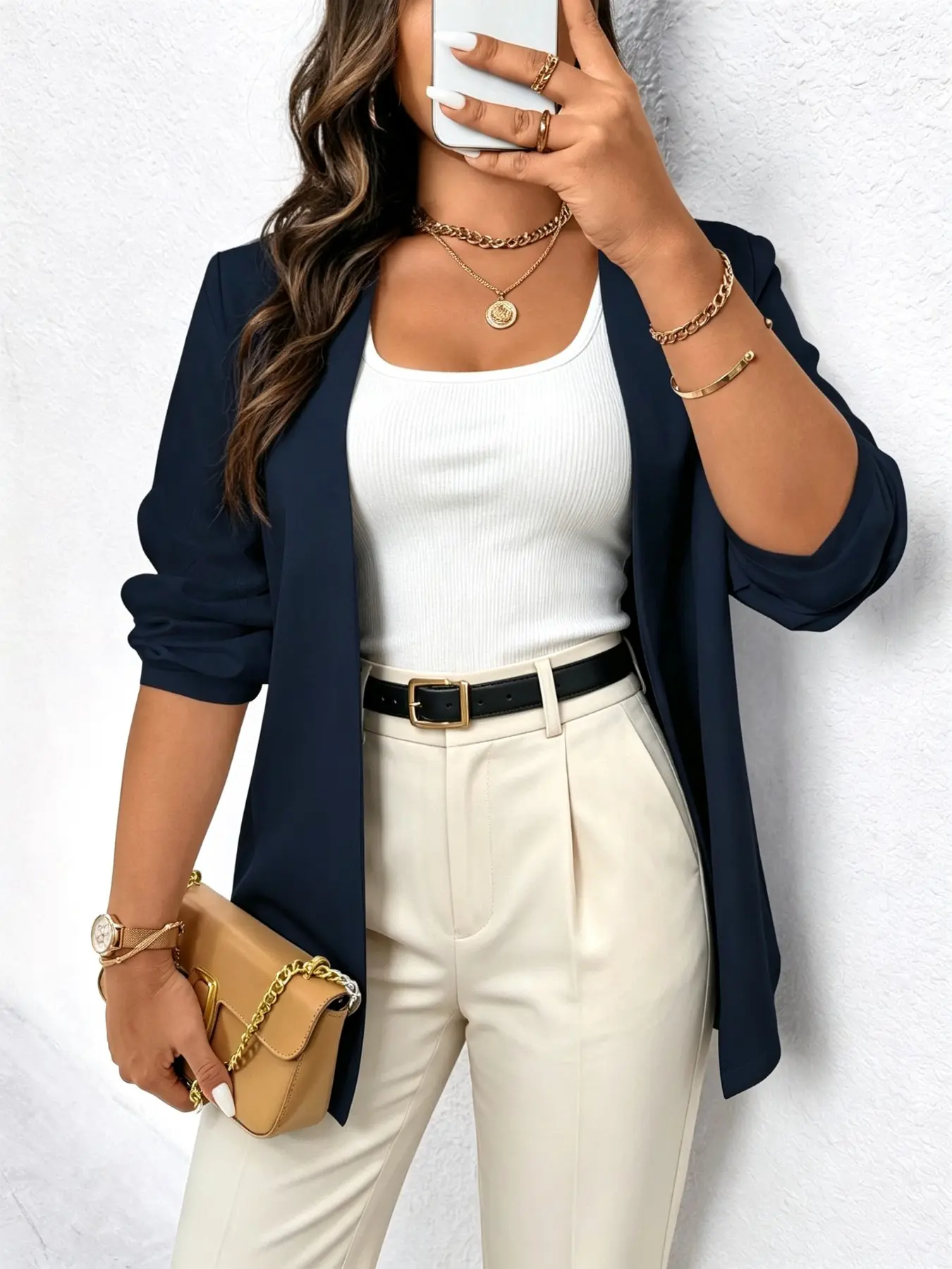 Solid Color Buttonless Loose Fit Blazer, Luxury Soft Anti-Wrinkle Top, Plus Size Daily Office Wear Outercoat, Spring & Fall Casual Style