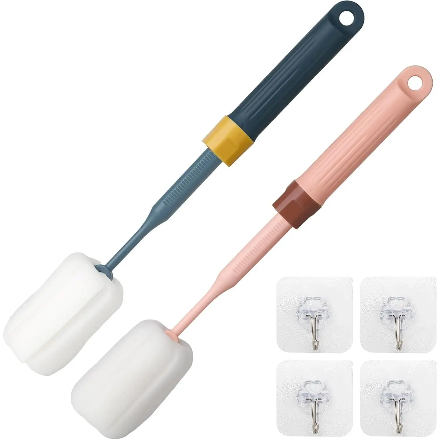 Sponge Bottle Brushes Adjustable Long Handle Up to 12.9” High Density Foam Bottle Brush Head Hanging Design with 4 Traceless Hooks– Bottle Brush Cleaner for Water Bottle & More (2 Pack)