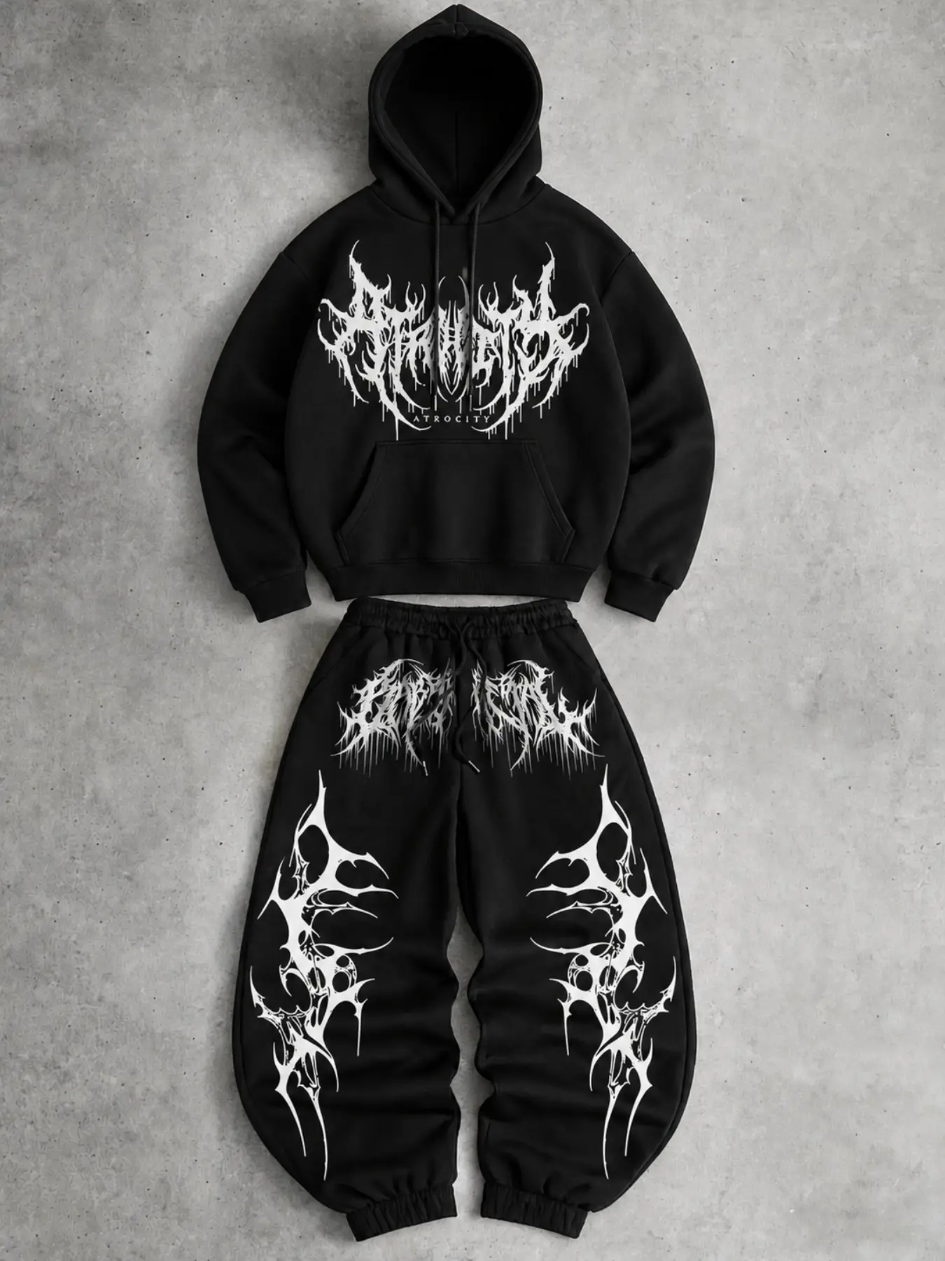 2‑Piece Set, American Gothic Letter Print Hoodie & Sweatpants Outfit, Dark Aesthetic, Hooded Sweatshirt + Loose Jogger Pants, Trendy Men Outfit, Warm Fall Winter Tracksuit