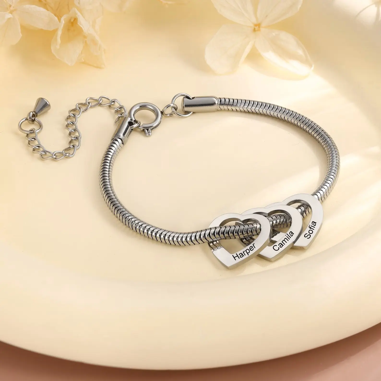 AS976 Personalized Mom Bracelet with Kids Names, Custom Heart Charm Bracelet, Engraved Name Jewelry,  Gift for Mom Grandma