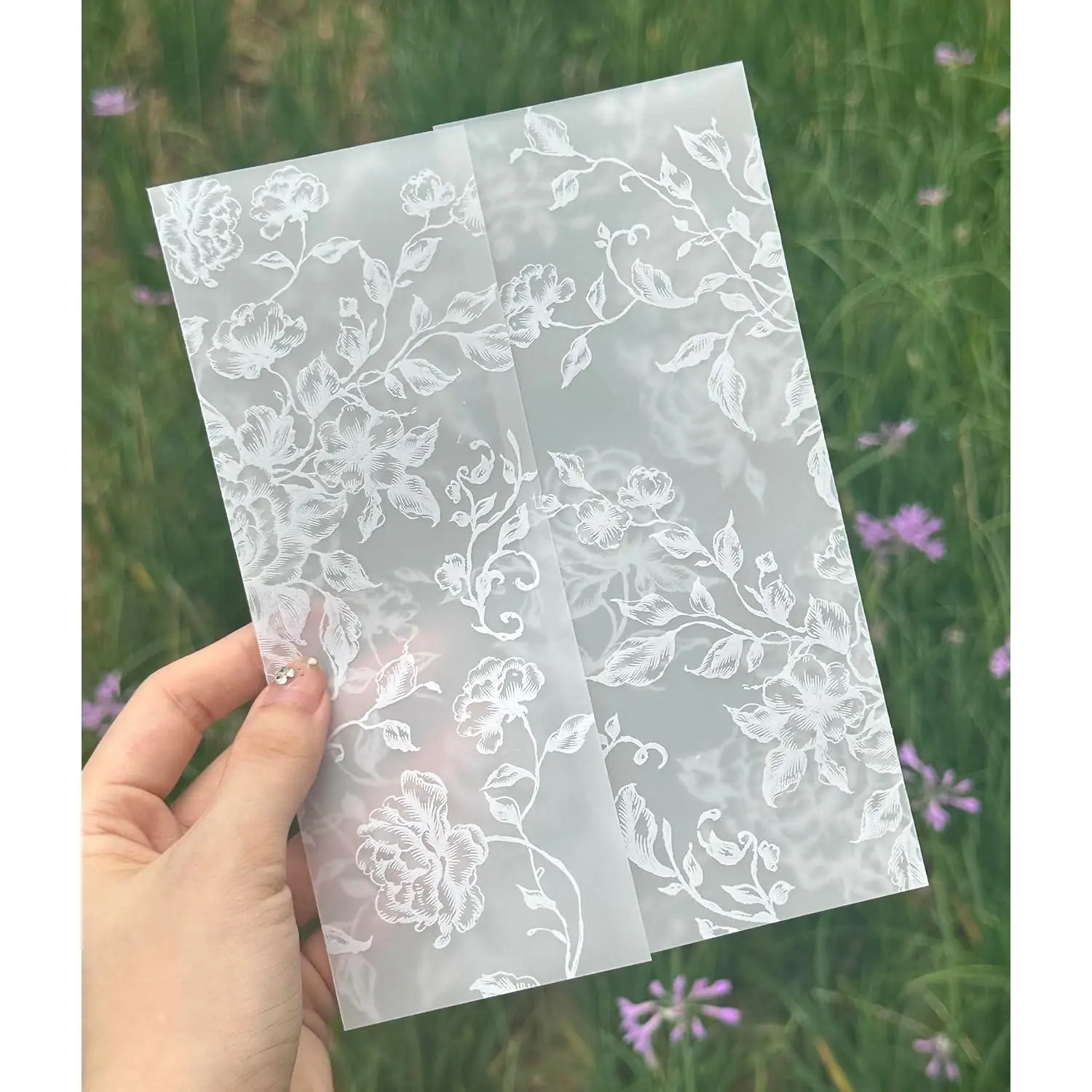 50 Pack Pre-Folded Vellum Jackets for 5x7 Invitations - White Flower - 115GSM Vellum Paper 5x7 Jackets - Wedding Invitations Wraps - Transparent Wedding
