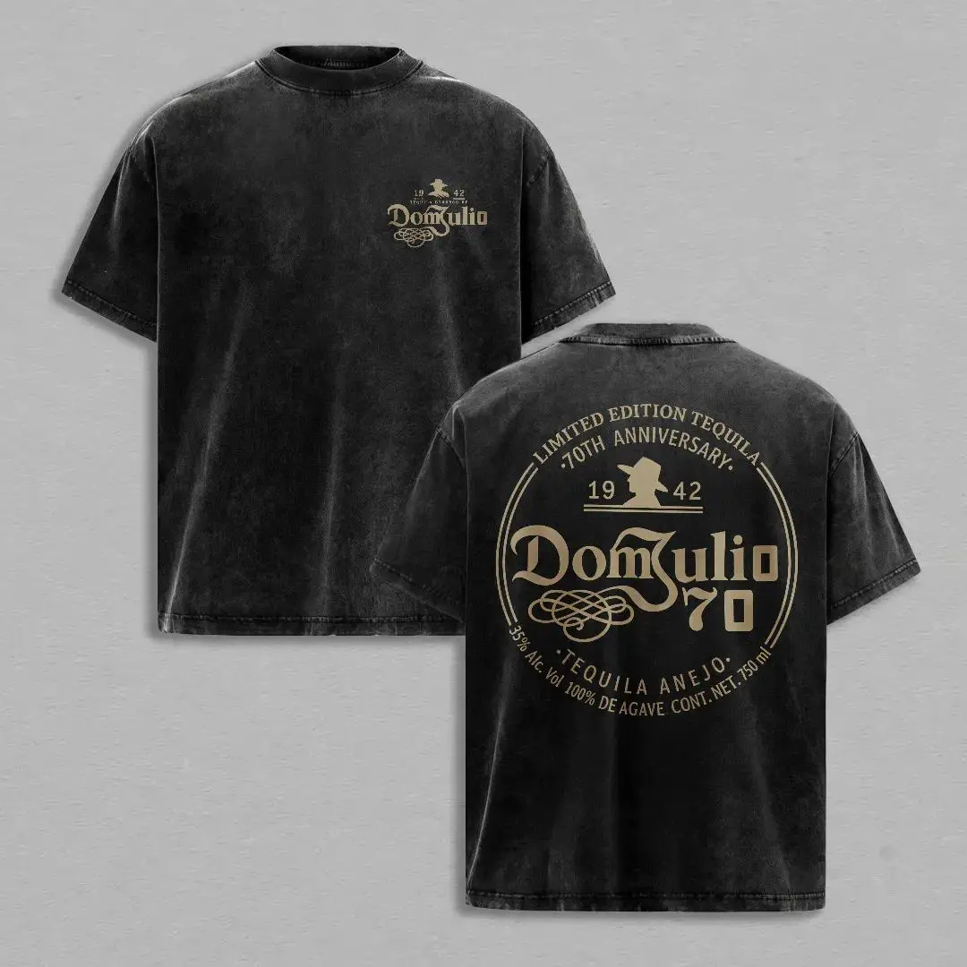 American Retro Tequila Graphic Washed Black Tee Subtle Gold Dom Julio Font Front Full Circular Vintage Liquor Label Back Print Breathable Cotton Top Great For Retro Bar Fashion Short Vacations And Regular Daily Casual Outfits