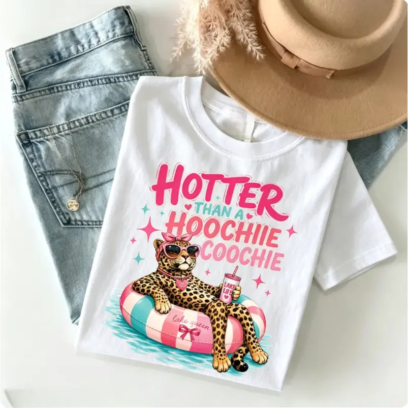 Women's Hoochie Coochie Graphic Tee - Pure Cotton, Medium Length, Relaxed Cut, Vibrant Leopard Print, Trending Catch Phrase, Lake Viral, Girly Boutique Gift