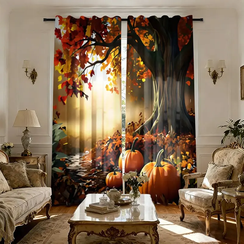 2-piece set - Autumn Maple Leaf Pumpkin - Printed semi-transparent curtains, rod bag curtains, suitable for living room, bedroom, home decoration, machine washable, hookless