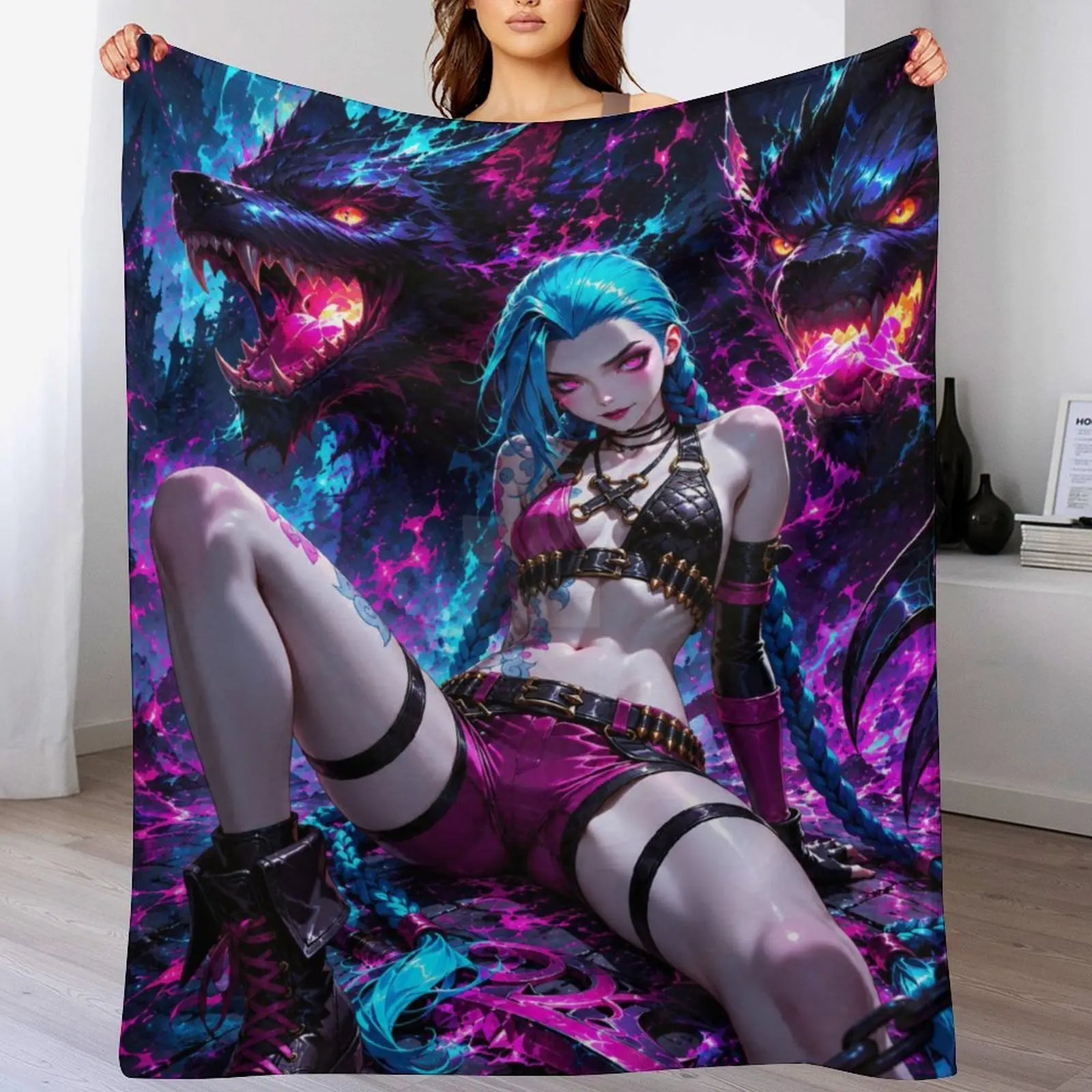 Jinx Girl Twin Dark Flame Wolf Neon Purple Blue Mist Art Print Flannel Throw Blanket Fantasy Game Style Sofa Bed Decor Blanket For Fans