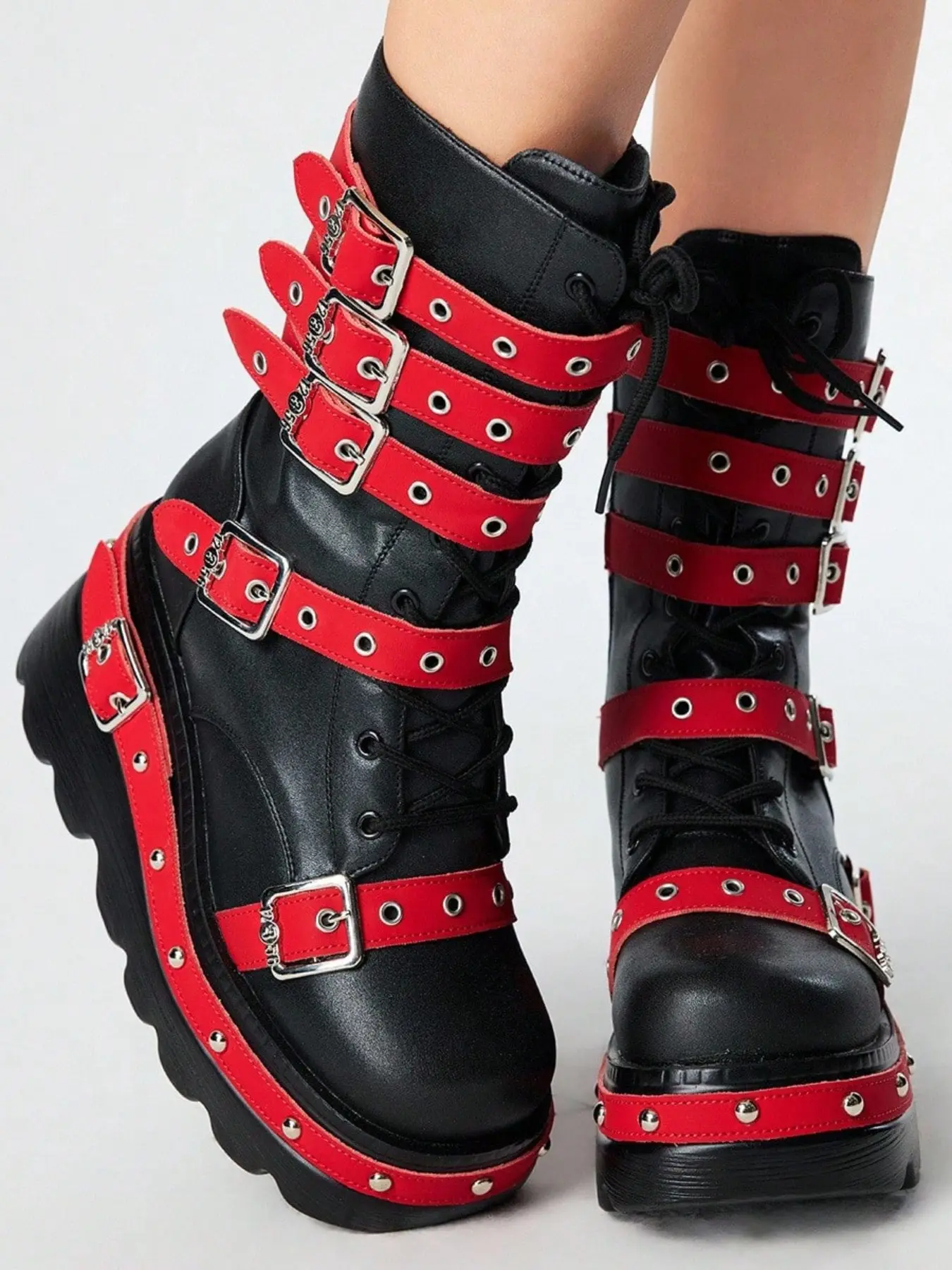 Women's Comfortable Plus Size Round Toe Colorblock Thick Sole Gothic Punk Boots, Rivet Eyelet Buckle Fashion Tie Mid-Calf Boots