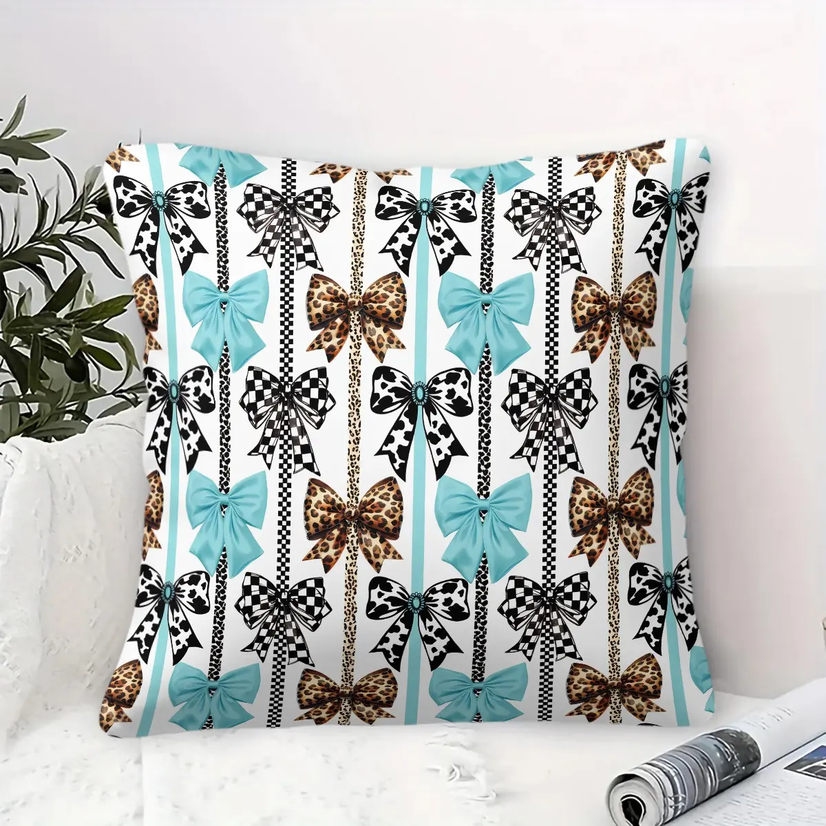 Y2K Turquoise Bow Throw Pillow, Preppy Mixed Pattern Cushion Accent Pillow, Includes Pillow Core, Soft Comfortable Home Decor Pillows for Sofa Couch Bed Dorm Living Room, Gift for Teen Girls, Women and Aesthetic Lovers