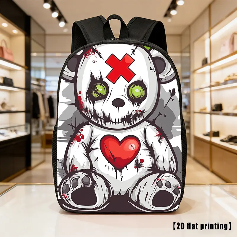 Dark Gothic Voodoo Bear Backpack for Teens, Emo Alt Streetwear Oxford Cloth Daypack with Side Mesh Pockets, Fits 15-Inch Laptop, Mesh Backpacks, Aesthetic Backpacks