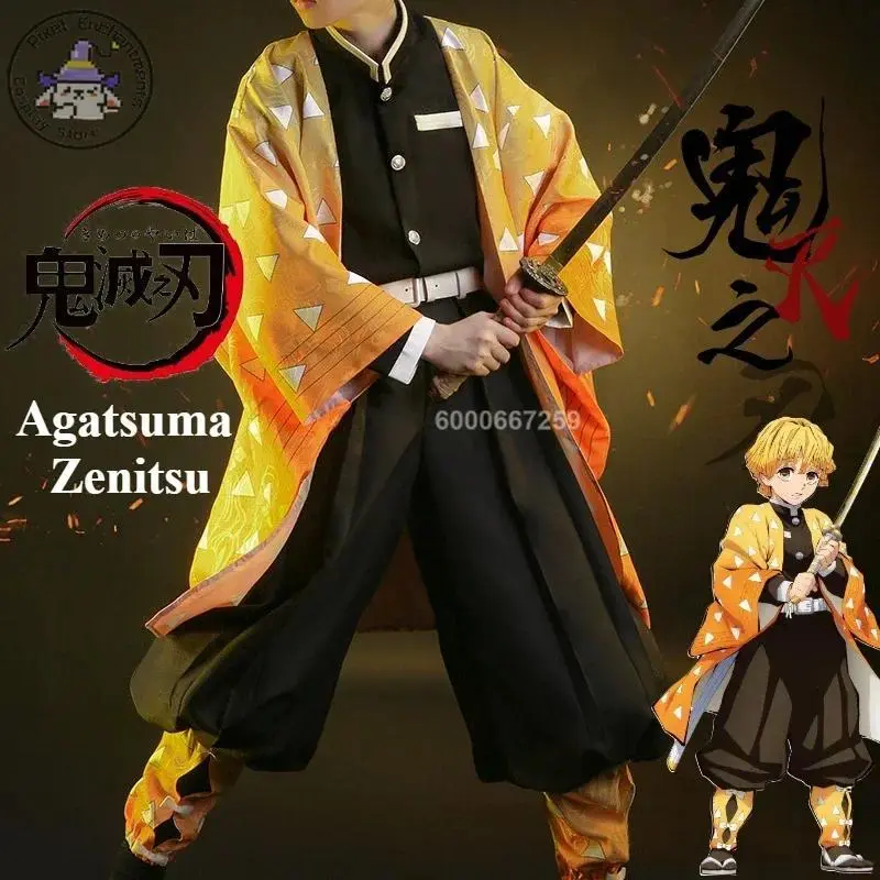 Demon Slayers Anime Kimetsu No Yaiba Agatsuma Zenitsu Cosplay Costumes Women Men Kisatsutai Member Wig Uniform Halloween Outfit