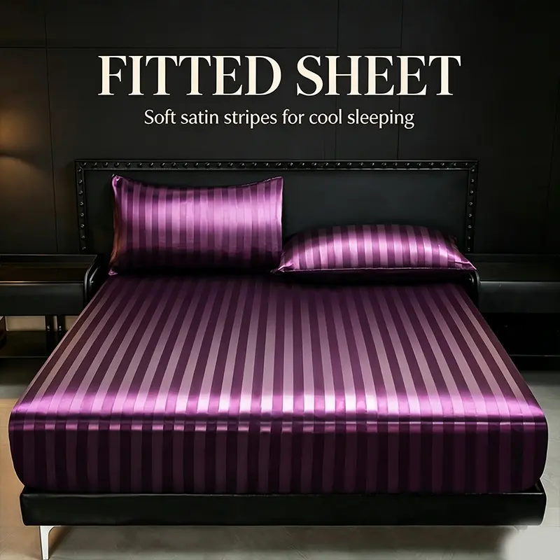 Smooth Glossy Vertical Stripe Satin Fitted Sheet, Silky Cool Breathable Surface, Non-Shift Stretch Mattress Cover with Matching Pillow Shams in Multi Neutral Tone Options Polyester Bedding Set
