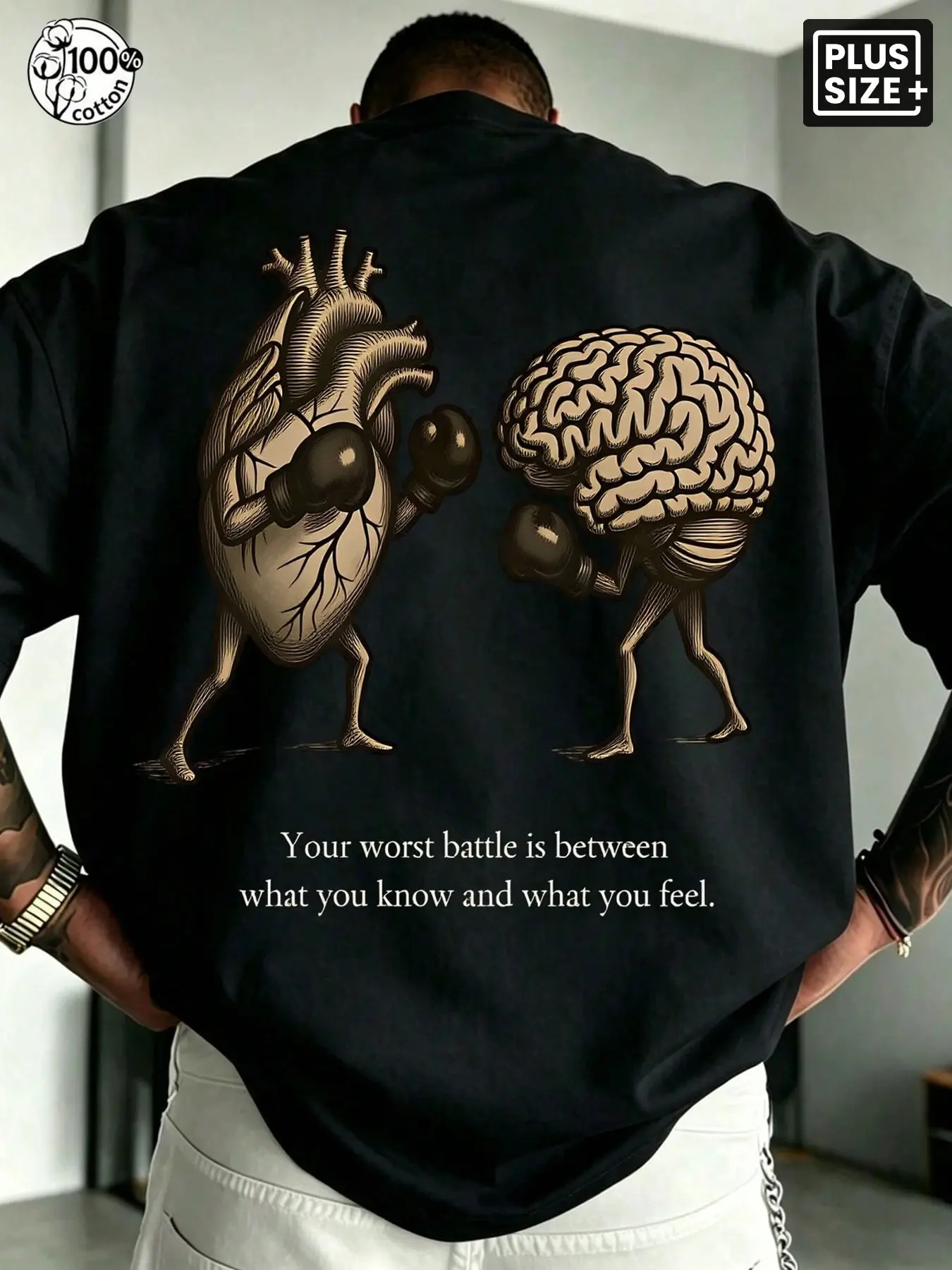 PLUS SIZE MEN 100% COTTON LONG SLEEVE SWEATSHIRT RARE AESTHETIC HEART VS BRAIN BOXING PRINT CREWNECK TOP, OVERSIZED LOOSE FIT CASUAL PULLOVER, ALL SEASONS DAILY STREETWEAR, EMOTIONAL QUOTE GRAPHIC SWEATSHIRT FOR MEN