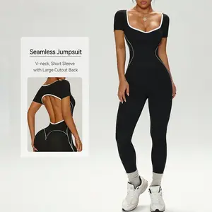 Women's Seamless Yoga Jumpsuit, Summer Short Sleeve V-Neck High Waist Slim Fit One Piece Workout Bodysuit, Hollow Out Back Fitness Gym Unitard, Casual Daily & Sportwear