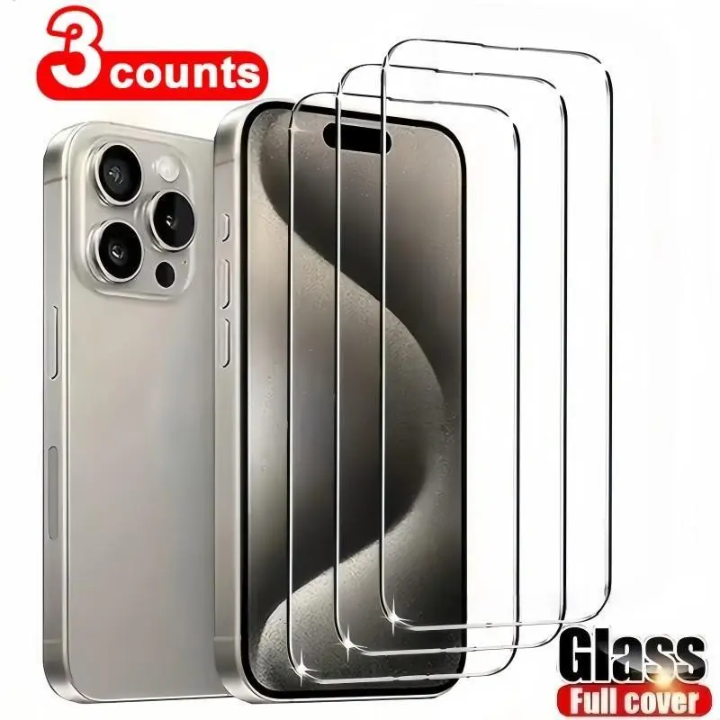 3-Pack Apple iPhone Screen Protectors, HD Tempered Glass, Protective Glass, Anti-Drop, Compatible with iPhone 15, 15 Pro, 15 Pro Max, Customized Case Type