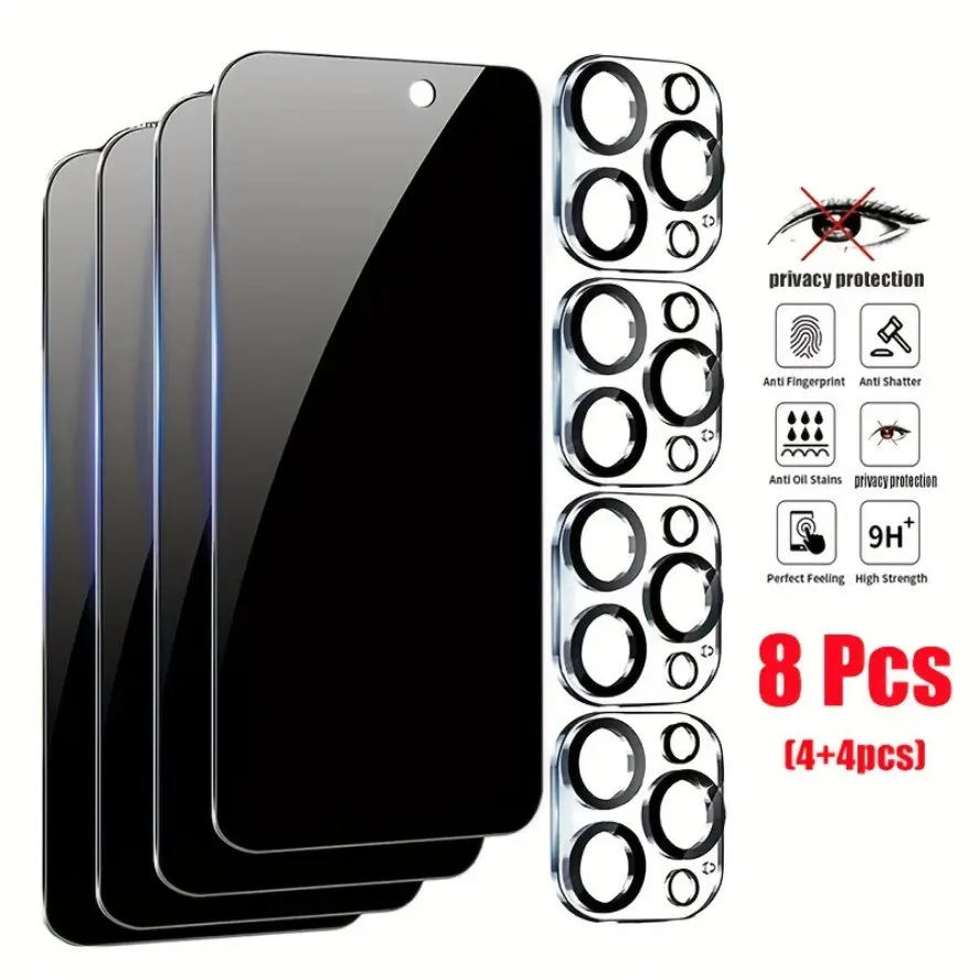 8-Piece Privacy Screen Protector + Camera Lens Protector Set Compatible with iPhone 11/12/13/14/15/16/17 Pro Max and Plus, 9H Tempered Glass, Privacy Protection, Hydrophobic Nano Coating, Full Screen Coverage, Anti-Fingerprint