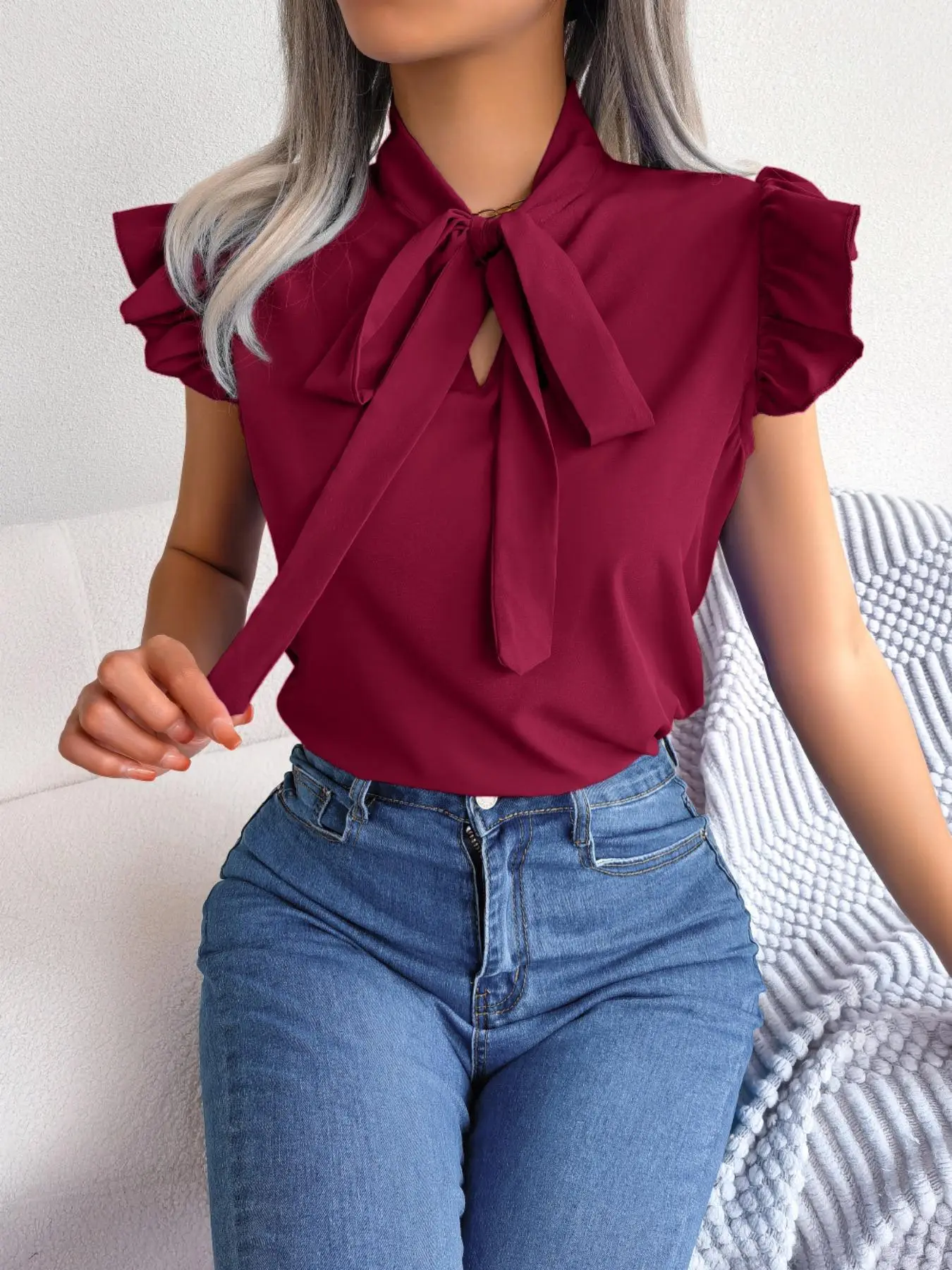 Women's Plain Bowknot Design Ruffled Tie Front Blouse, Elegant Top for Summer, Ladies Clothes for Daily Wear