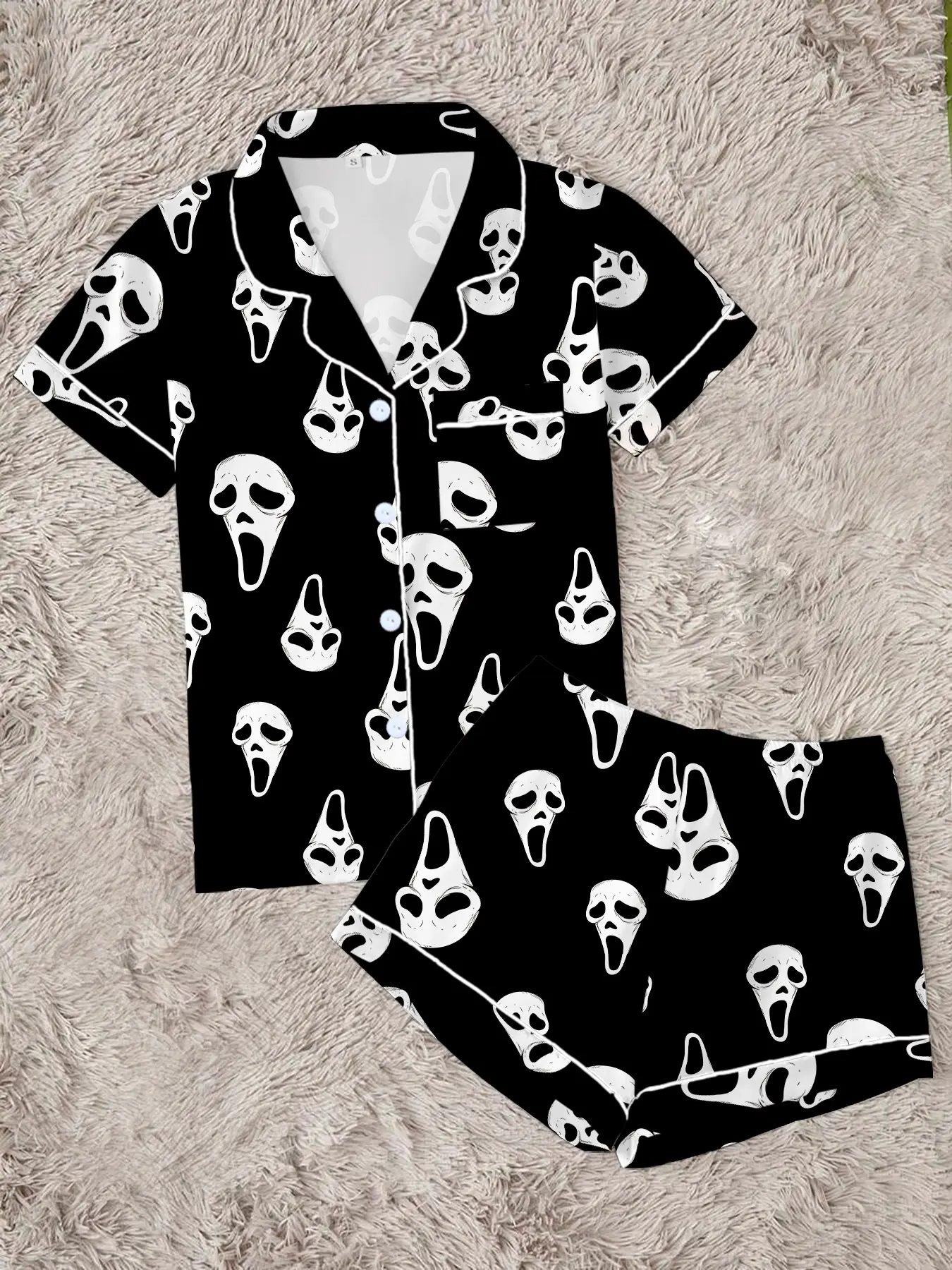 Women's Halloween Skull Print Pajama Set, Cute Cartoon Sleepwear, 2-Piece Short Sleeve, Casual Fitted Above Knee, Perfect Gift