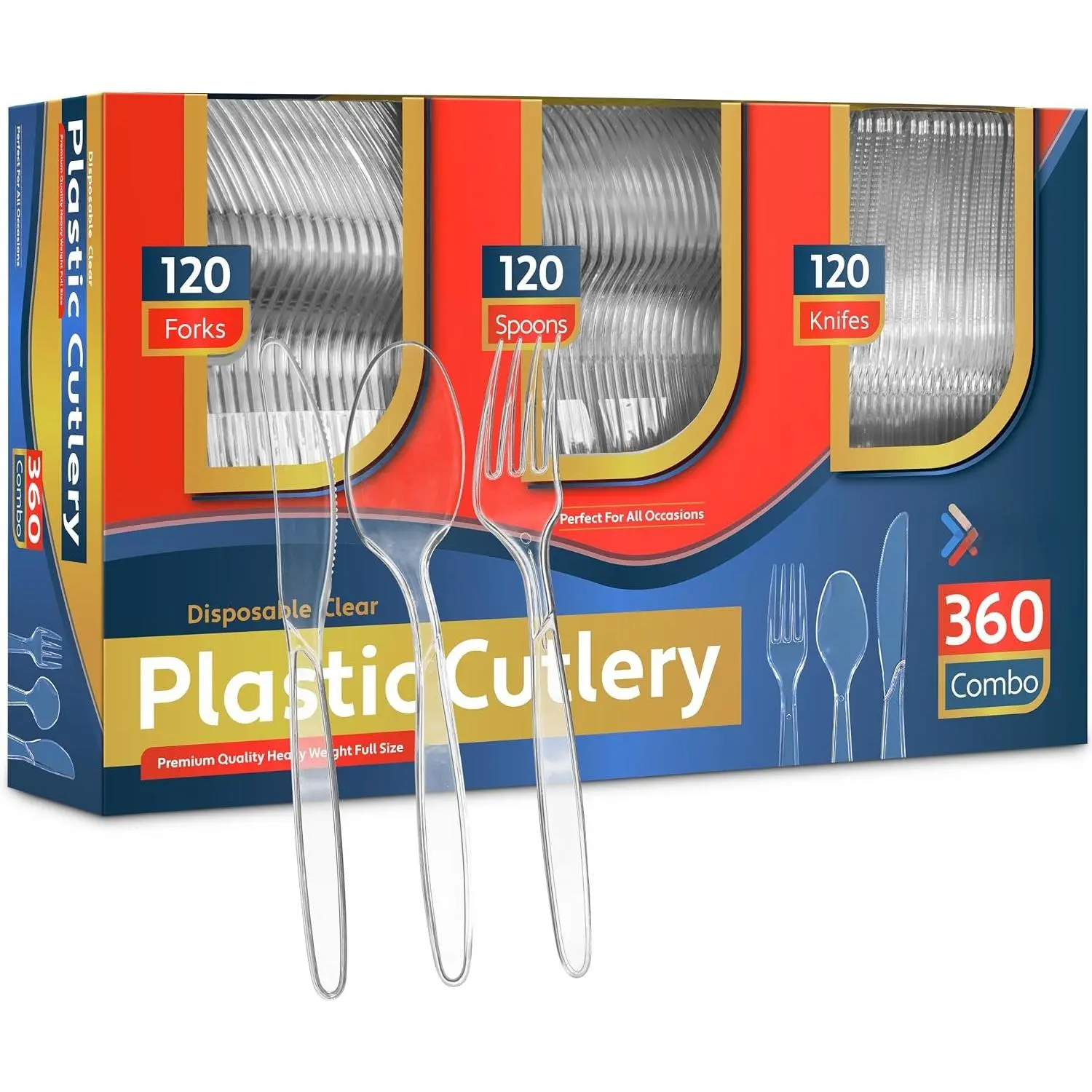 360 Count Plastic Silverware Set, 120 Clear Forks, 120 Spoons, 120 , Heavy Duty  Disposable Plastic Cutlery Set,  Clear Plasticware for Party Supplies