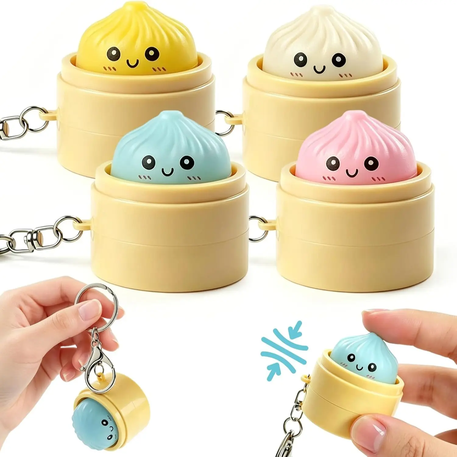 4-Pack Smiley Faces Fidget Clicker Keychain - Mini Dumpling Steamer Pop-Up Button Toy, Pocket-Size Stress Reliever with Clicking Sound for Teens, Novelty Party Desk Gift