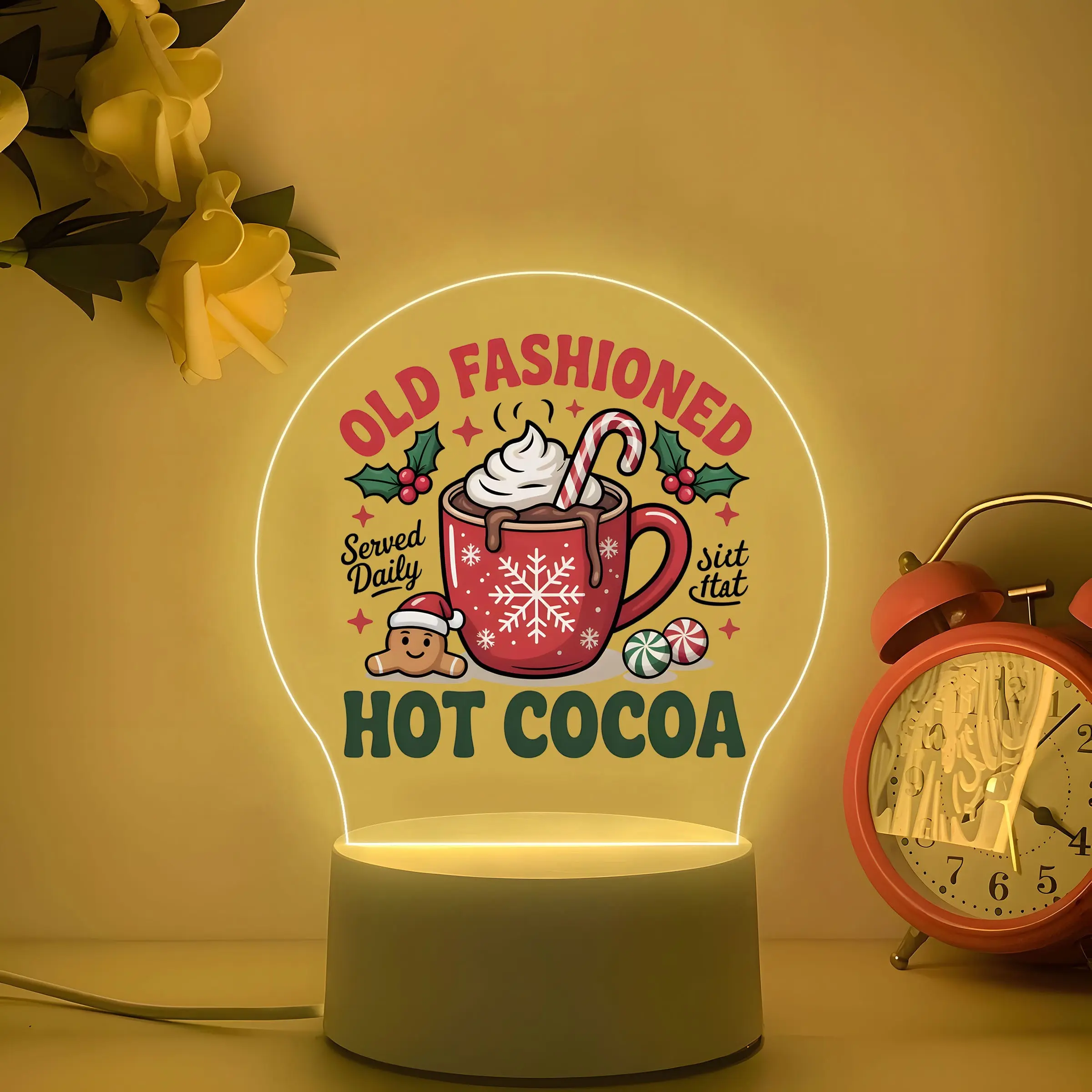 Old Fashioned Hot Cocoa Christmas Acrylic Night Light, Gingerbread Candy Cane Winter LED Desk Lamp, Farmhouse Xmas Decor Gift