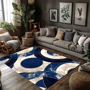 Navy Blue White Golden Line Circular Geometric Crystal Velvet Light Luxury Living Room Anti Slip Area Rug #NavyCircleGeometricRug #GoldLineLuxuryMat #CrystalVelvetCarpet #ModernEuropeanStyleFloorRug