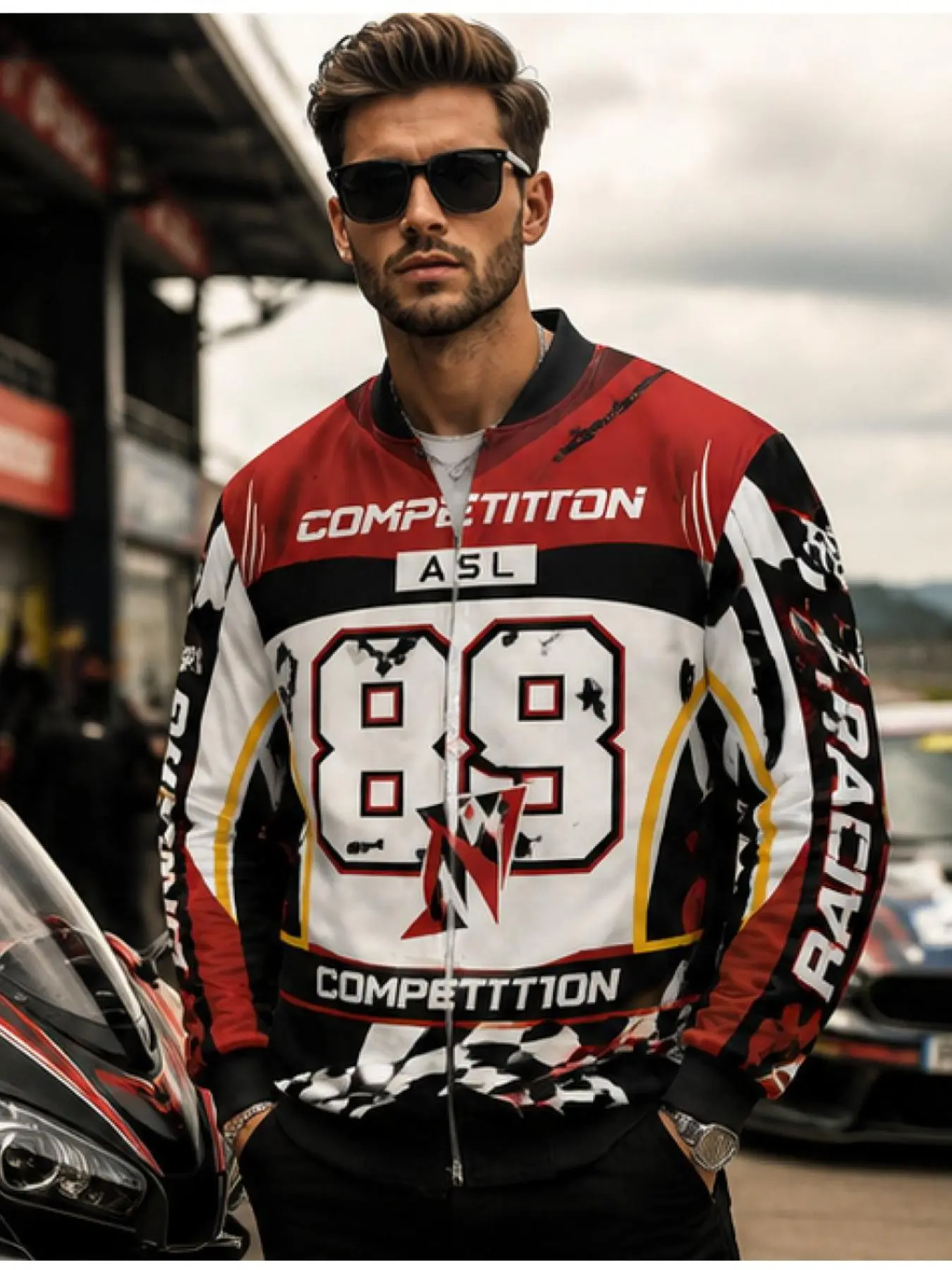 Men's Colorblock Racing Zipper Pilot Jacket, 89 Race Letter Grid Flag Print Stand Collar Motorcycle Coat, Vintage Street Style, Spring Fall Daily Wear
