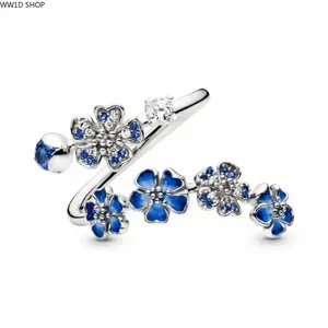 Exquisite and elegant blue peach blossom inlaid with beads, high-end light luxury open-style women's fashion ring