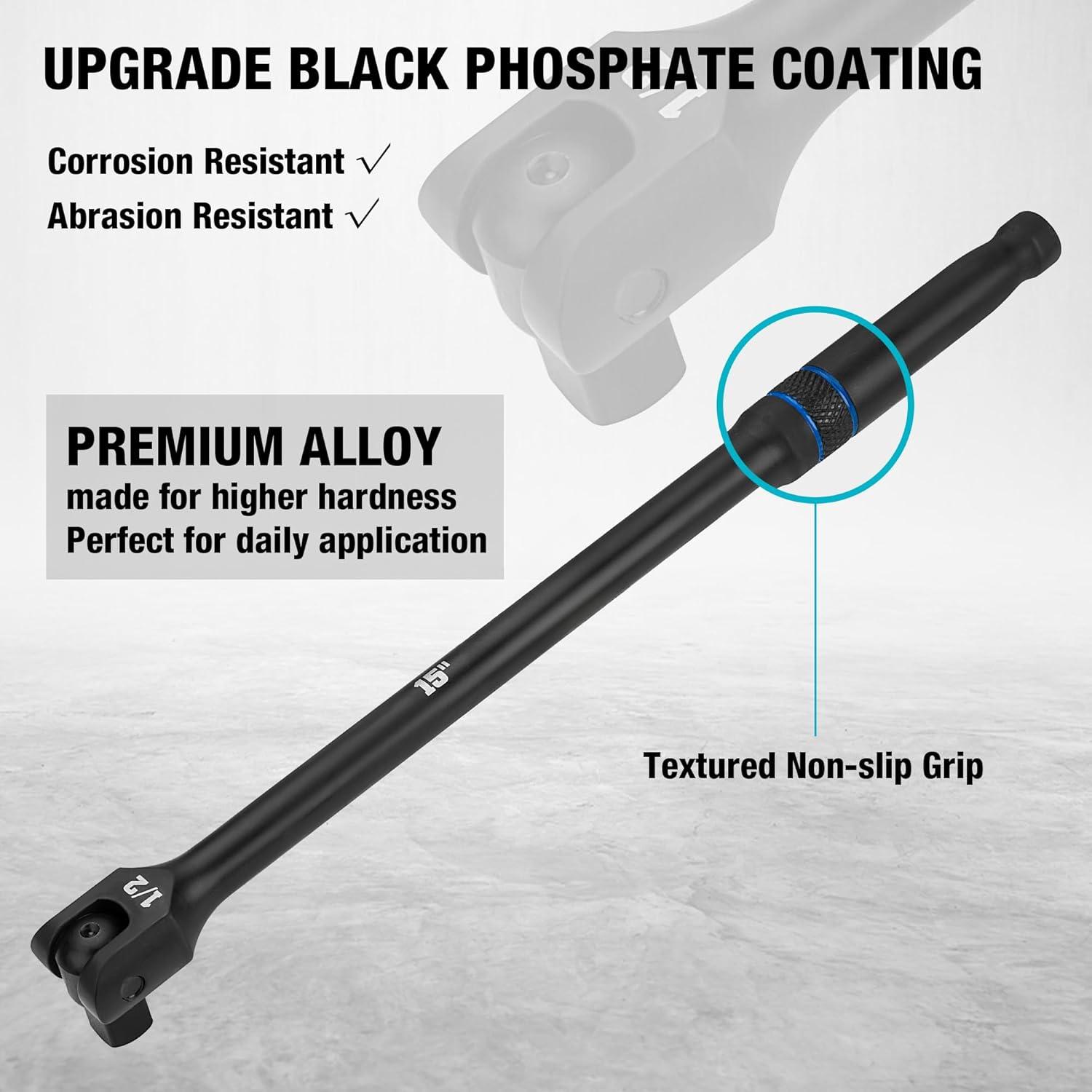 3 count Breaker Bar Set, 1/4", 3/8", 1/2" Drive, 180?Rotatable , 6", 10", 15" Length, Premium Chrome Alloy Made, Black