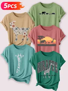 5Pcs Women's Crew Neck T-Shirt, Giraffe Head, GIRAFFE Letter With Realistic Giraffe Prints, Multi-color Available, Machine Washable, Spring&Summer Top, Soft Skin-Friendly Fabric, Daily Versatile, Fashion Design