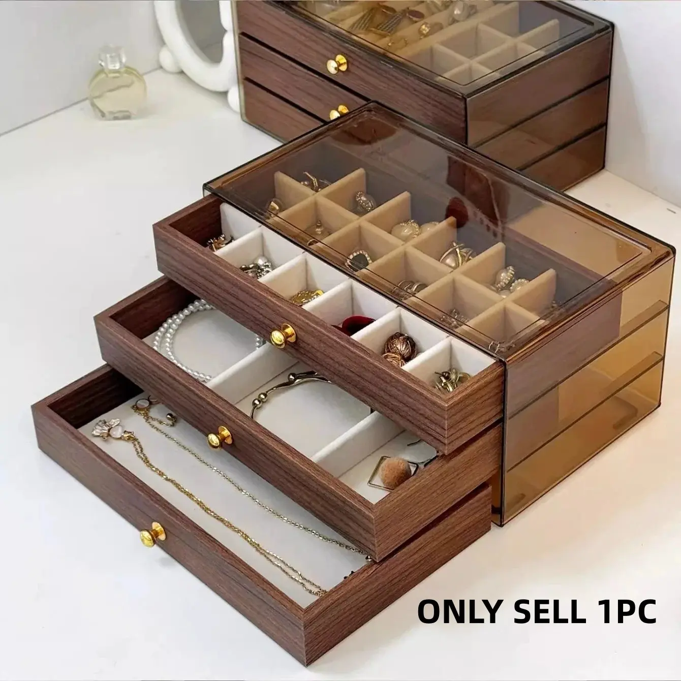 Light Luxury Wood Grain Multi-layer Jewelry Box Organiser, with Transparent Dust-proof Cover and Velvet Lining Dividing Box, Women's Earring Bracelet Jewelry Storage Box, Bedroom Dressing Table Dustproof Storage Box for Various Jewelry