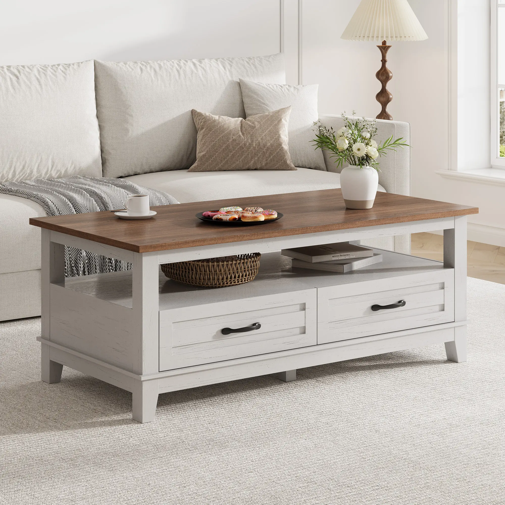 Rustic Farmhouse Coffee Table with Storage Drawers and Bottom Shelf, Rectangular Antique Walnut Center Piece for Living Room, 6 Heavy-Duty Legs, Easy Assembly, Multi-Purpose Accent Table