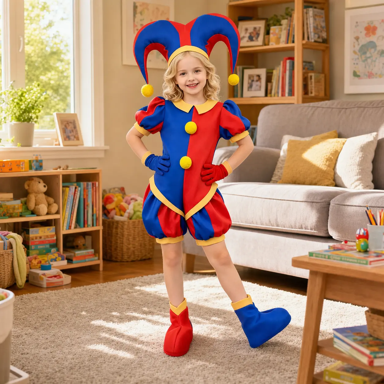 Kids Adults Red Blue Jester Clown Costume, Boys Girls Complete Harlequin Outfit with Hat Gloves Shoe Covers, Circus Cosplay Jumpsuit for Halloween Carnival Birthday Party Stage Performance, Boys Girls Full Set Fancy Dress Up
