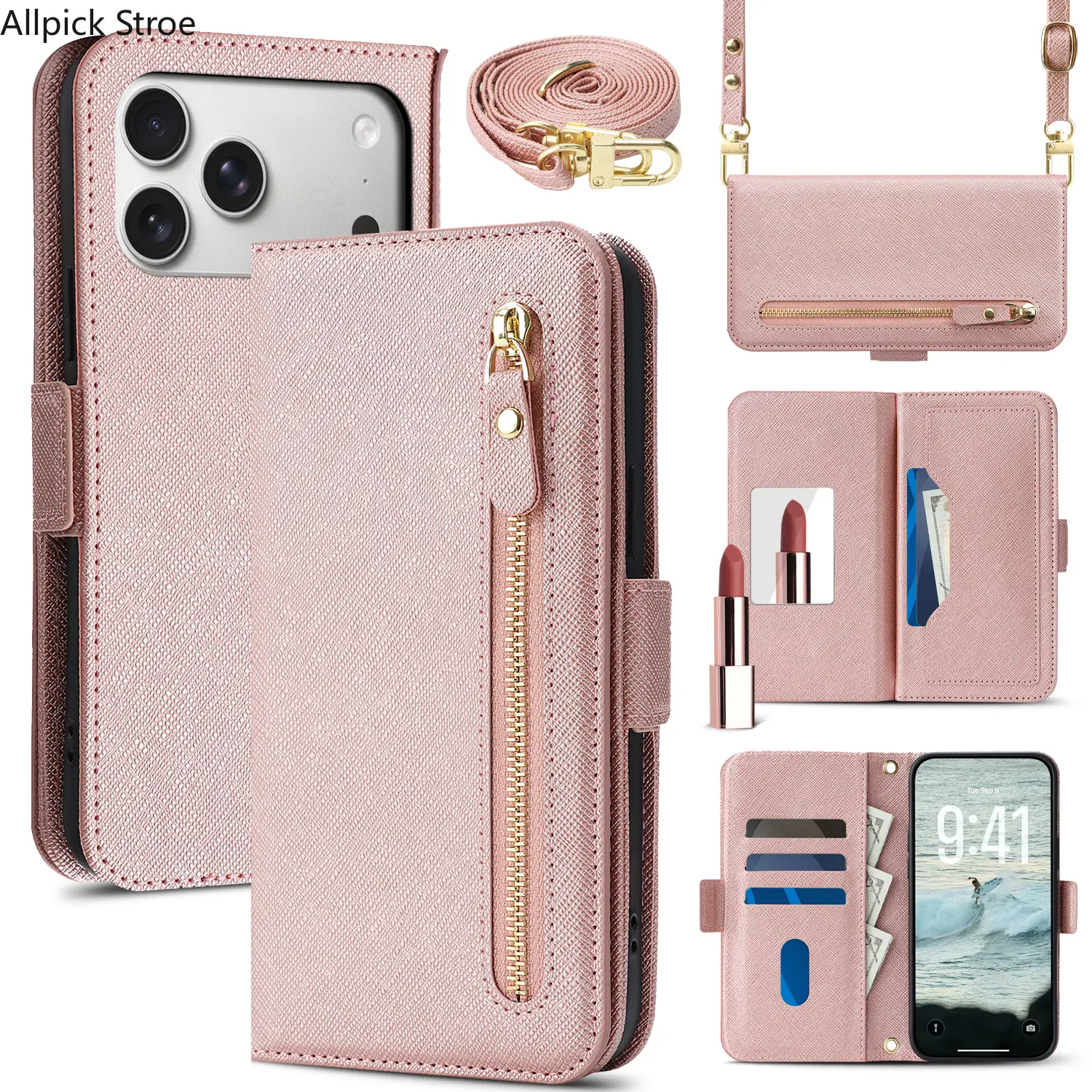 iPhone Crossbody Leather Wallet Case - Magnetic Flip Cover, Card Slots, Zipper Pocket, Kickstand, Shockproof Design, Detachable Lanyard Strap, Stylish Protective Bag Accessory, Detachable Strap, Stylish Protective Cover, Smartphone Protective Casing