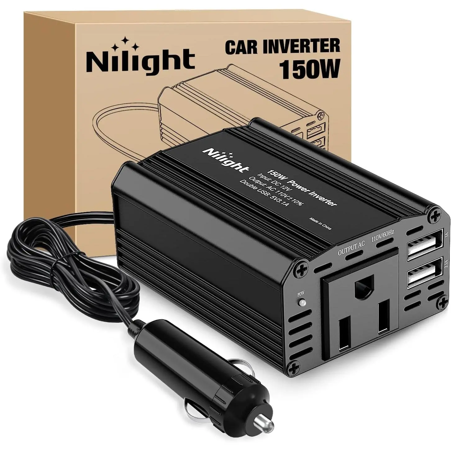 Nilight 150W Car Power Inverter - 12V DC to 110V AC Power Conversion Automobile Adapter, 3.1A Dual USB Ports, 1 AC Outlet, Aluminum Alloy Build, Silent Fan Cooling, Overheat Guard, Plug-and-Play Road Trip Accessory for Phones/Computers, Black