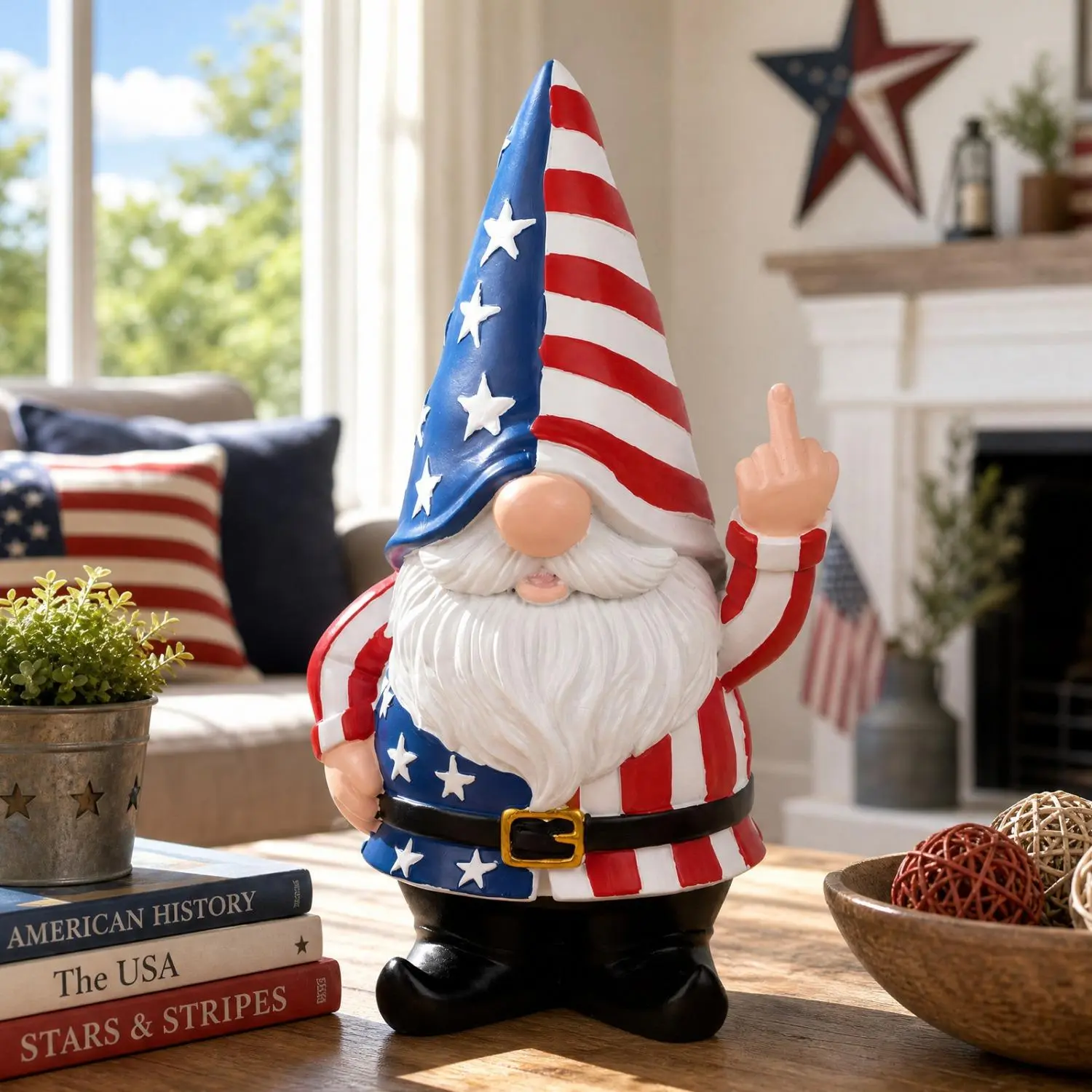 Patriotic Little Elf Resin Statue - Small American Flag Decorative Figurine, 7/4 Independence Day House Accent, Tabletop Middle Finger Garden Gnome Collectible, Single Gift Art Piece, Mannequin Head, Statues & Bobbleheads handmade ornament