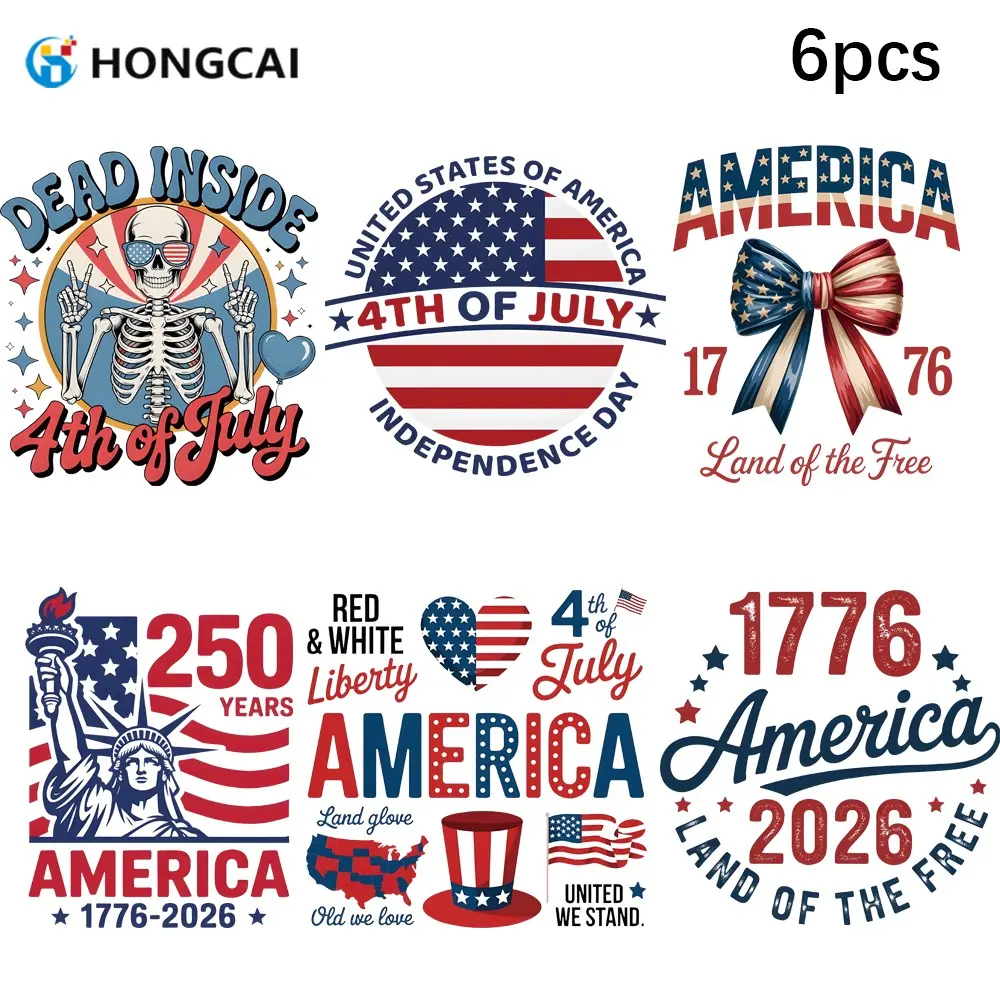 6pcs Independence Day Heat Transfer Stickers, Vintage American Skull/bow Tie Print, Waterproof DIY Iron-On Diy Crafts Supplies, Fits T-Shirts Hoodies Bags