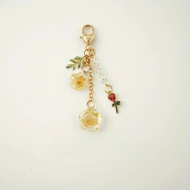 Single Red Rose & Camellia Resin Keychain with Golden Lobster Clasp - Elegant Car Keychain, Flower Keychain, USB Disk Holder, Mother’s Day Gift for Women, Cute Floral Pattern Keychain