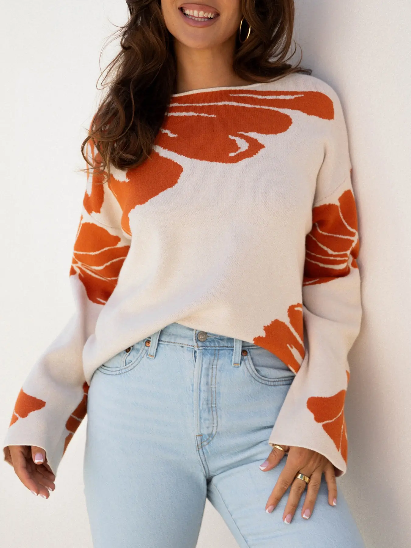 Women's Casual Bold  Flower Pattern Wide Sleeve Baggy Sweater, Spring & Fall Long Sleeve Sweater